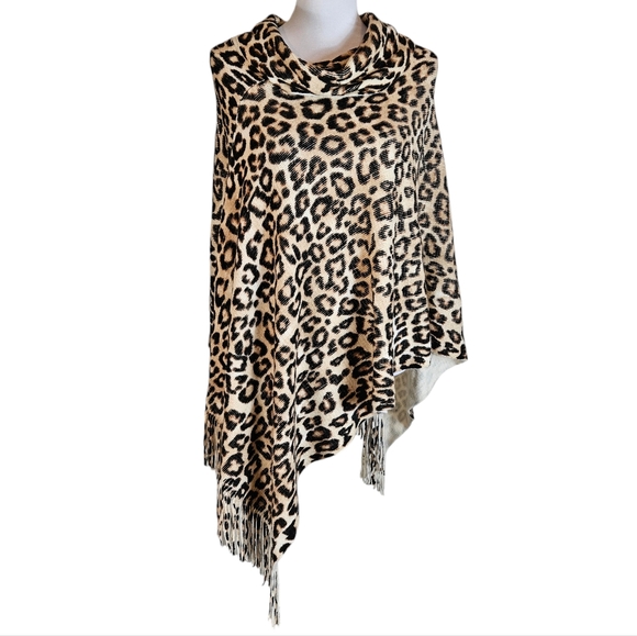 Chico's Sweaters - Chicos Cozy Leopard Animal Print Poncho/Shrug One Size Cowl Neck Fringed Boho